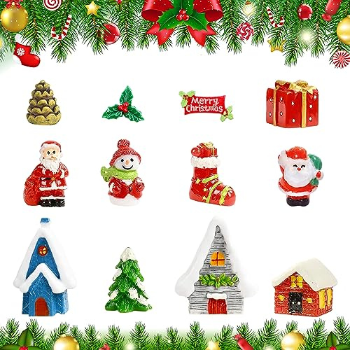 Qooloo Weihnachten Miniatur Ornamente, 12 Stück Weihnachten Mini Figuren, Weihnachtsdeko Figuren Harz, Mini Harz Weihnachtsschmuck, Schneemann Weihnachtsbaum Weihnachtsmann Kleine Ornamente