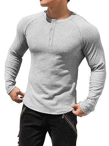 Muhshoiy Herr Slim Fit Långärmad T-shirt bomullsmuskel Henley-skjortor Stretchig Casual Snygg ribbad t-shirt Grå M