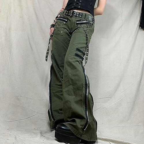 WEITING Pantalones De Mujer Gótico Punk Sueltos Retro Kawaii Pantalones Vendaje De Tiro Bajo Pantalones Cargo Grunge Verde Cremallera Jeans Pantalones De Chándal Coreanos-Verde-L