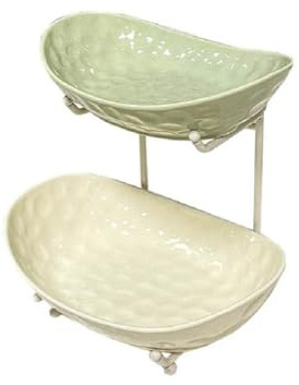 JUNYFFF Fruit Bowl for Kitchen Counter - 2 Tier Ceramic Serving Bowls with Metal Stand, Tiered Fruit Basket for Fruit Vegetable Storage, Snack, Nuts, Cake, Dessert (Light Green)