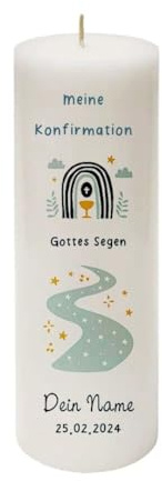 MilaBoo® personalisierte Konfirmationskerze I 25 x 8 cm Premium Kerze beidseitig bedruckt in Farbe I Made In Germany (Gottes Segen-blau)