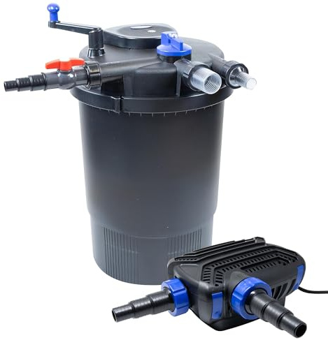 VIALIA Teich Filteranlage Set 13, Druckfilter CPF-10000 mit UVC Klärer für Teiche bis 12.000 Liter, 10.000L/h Durchfluss, energiesparende Pumpe CTF-B 3800 inkl. 10m Schlauch