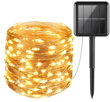 HOFTRONIC - Solar Lichterdraht außen Twinkle 10 Meter - 100 LEDs - 8 Lichtmodi - 3000K warmweiß - Dämmerungsschalter - IP44 wasserdicht - Kupferdraht - Lichterketten mit Solar Panel
