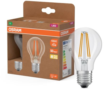 Osram LED Superstar Classic LED-Lampe A 75 in klassischer Kolbenform, klarer Glaskörper, 5 W, 1055 lm, E27 Fassung, warmweißes Licht mit 2700 K, EEK A, 60 mm Durchmesser, 2er-Pack