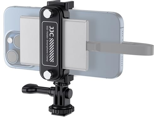 JJC Supporto portatile SSD morsetto smartphone per iPhone 16 15 Pro & Pro Max Galaxy PIXEL MATE 55-90 mm di larghezza, compatibile con Samsung T5, T7, T7 Shield SSD, San Disk E30, Extreme Pro/V2 SSD