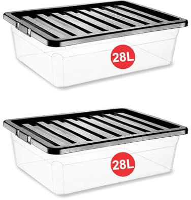 RelianceUK 2 X 30L Under bed Storage Boxes with Lids | Multipurpose Clear Plastic Storage Box With Black Lid for Home Office Kitchen Stackable Storage Boxes (30 Litre(Underbed) / 2 Pack)