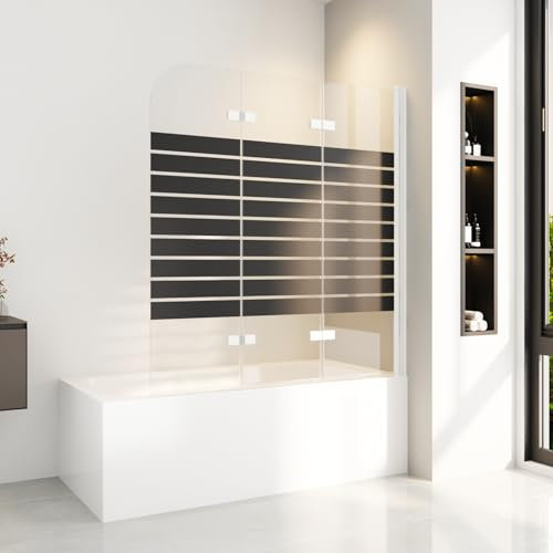 Duschwand für Badewanne 120 x 140 cm Weiß Badewannen Duschwand mit Schwarz Gestreift 3-teilig Duschfaltwand für Badewanne aus Gehärtetem Sicherheitsglas mit NANO Beschichtung,Leicht zu Reinigen