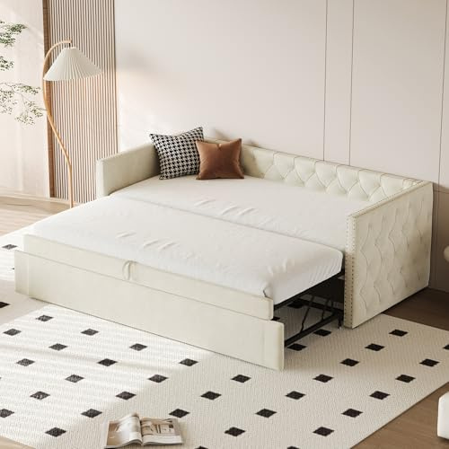 DRIXNO Polsterbett Ausziehbares Schlafsofa 90/180 * 200 cm mit Lattenrosten, Multifunktionsbett aus hautfreundlichem Samtstoff Beige，Klassische Vollform mit Knöpfen