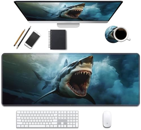 Schreibtischunterlage, Gaming-Mauspads mit Untersetzern, genähte Kanten, XL-Mauspad für Laptop, Computer, großer weißer Hai, Schreibtischunterlage für Büro und Zuhause, 80 x 30 cm