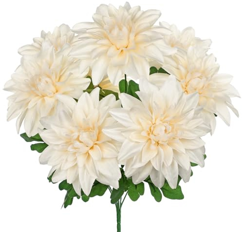 Hollyone Kunstblumen Wie Echt Dahlien Künstliche Blumenstrauß 7 Köpfe Seide Dahlie Deko Blume Weiß Dahlie Blumenarrangement für Hochzeit Partei Tischaufsätze Heim Küche Vase Dekoration