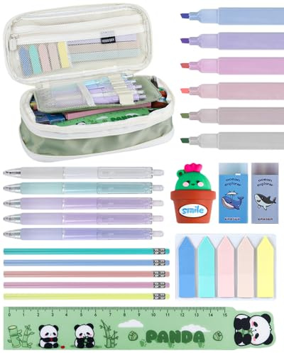 Elektheim 22 Stück Schreibwaren Set, Federmäppchen, Marker,Haftnotizen, 0,5 mm Gelstifte,Herrscher, Bleistift, Radiergummi, Lesezeichen, Niedlicher Bleistiftspitzer-Anhänger Große Kapazität Pencil