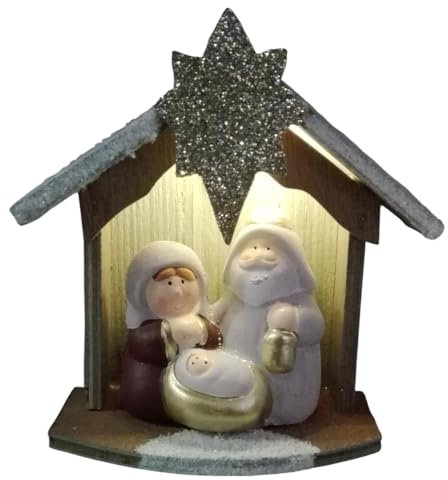 Casetta Natività Presepe stella cometa in legno sacra famiglia con luce calda H: 14 cm 3 personaggi - funzionamneto a batterie incluse - addobbi di Natale per casa ambienti idea regalo
