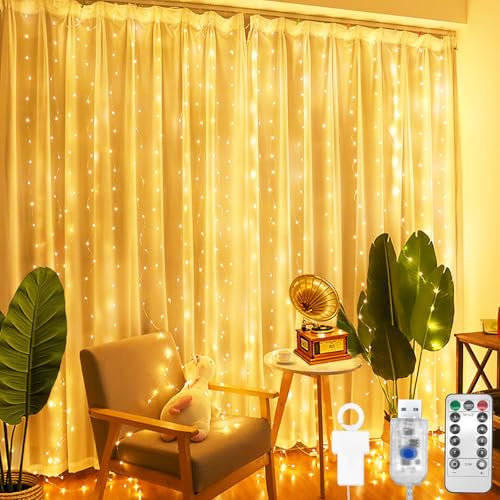 CNMTCCOLichtervorhang,2mx2m 200 LED lichterketten Vorhang Innen,8 Modi LED Lichterkette,hängend USB Lichtervorhang,Lichterkette für Innen Outdoor,Zimmer,Party,Balkon deko,Weihnachtsdeko（Warmweiß）