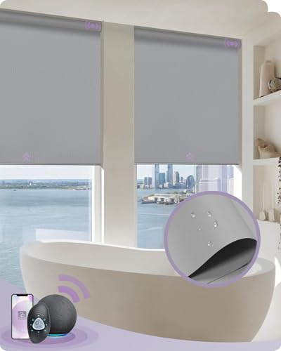 Graywind Smart Blinds Work with Alexa, Waterproof Motorized 100% Blackout Shades with Zigbee Motor, Customized Automatic Electric Window Blinds with Remote Control, Light Grey
