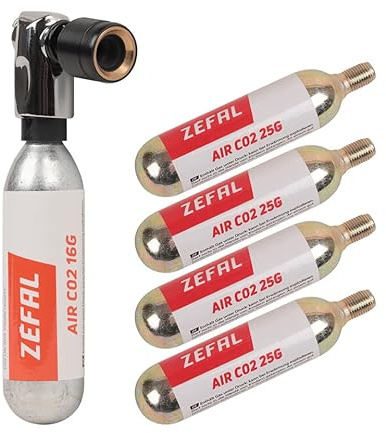 ZEFAL Pack EZ Big Shot y 4 Cartuchos de CO2 de 25g - Inflador CO2 Bicicleta y 5 Cartuchos CO2 de Rosca Universal - Bomba de CO2 MTB y Carretera - Presta, Schrader y Dunlop - Compacta, Ligera y Rápida
