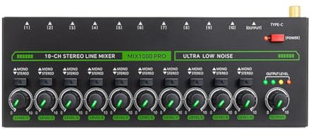 Jasaly Mixer Audio Professionale A 10 Canali, Mixer Audio A LED A Basso Rumore con Luce RGB per Sub-Mixaggio, Commutatore Stereo, Spina UE