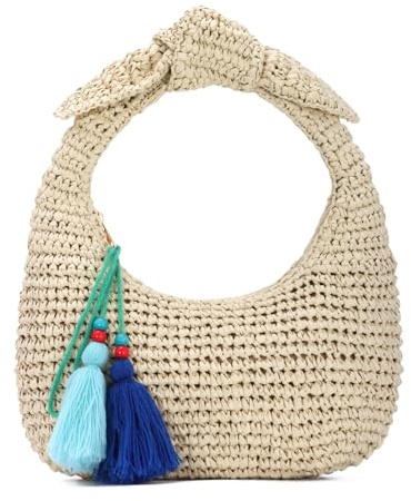EVEOUT Raffia Clutch Damen mit Schleife Sommer Elegante Stroh Halbmond Handtasche für Hochzeit Party Boho Gewebte Strohtasche für Strand Urlaub