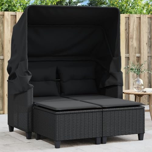 Xichuzi Gartensofa 2-Sitzer mit Dach und Hockern Schwarz Poly Rattan, Gartenlounge, Garden Sofa, Balkonmöbel, Gartenmöbel, Loungemöbel - 365781