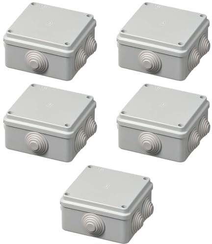 Lot de 5 boîtes de jonction extérieures IP55 carrées 100 x 100 x 50 mm, boîte de jonction pour système électrique, étanche, avec passe-câbles, gris, couvercle à vis, idéal pour l'éclairage