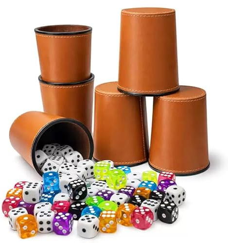 FZSECRIU Würfelbecher Set 6, kniffelbecher,Schocken Set, 6 leise Würfelbecher und 36 Bunte Würfeln (16 mm) mit 36 spielwürfel (16 mm),würfelbecher Leder, für Bar-Party Würfelspiele,Casual Games,Braun
