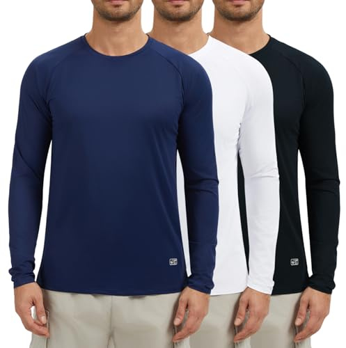 AMZSPORT Paquete de 3 Camisetas Hombre Manga Larga con Protección Solar UV UPF 50+ Camiseta Técnica Transpirable y de Secado Rápido para Correr, Deporte, Outdoor Negro Blanco Azul Marino M