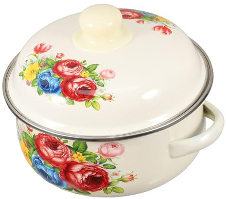 VALICLUD Vintage Enamel Soup Pot with Lid and Dual Handles 1.7l Cooking Stockpot for Even Heat Distribution and Easy Cleaning, for Family Gatherings and Outdoor Barbecues