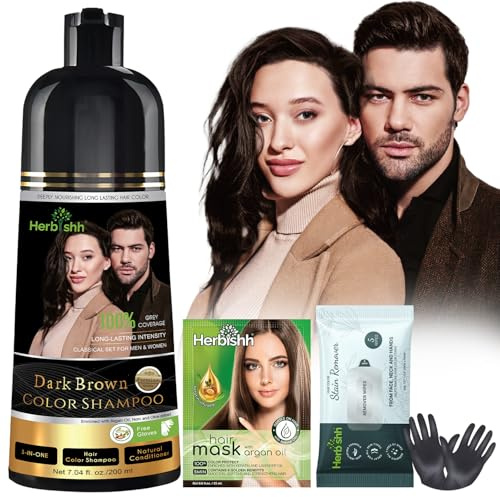Herbishh Dark Brown Hair Dye Shampoo 200ml + Hair Color Stain Remover Wipes – Grey Coverage & Mess-Free Cleanup