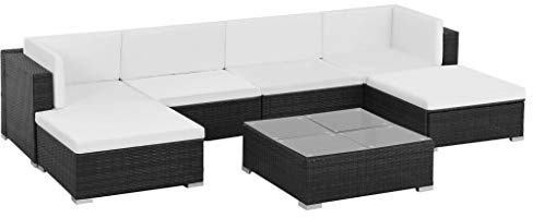 Qnhdfrt Poly Rattan Sofa Set 7 teilig mit Couchtisch und Polstern PE Geflecht Schwarz Cremeweiß für Garten Terrasse Balkon
