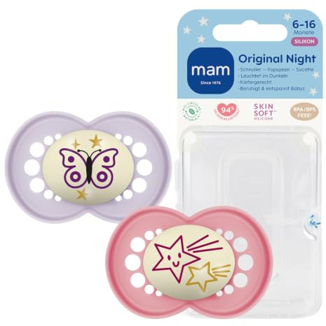 MAM Original Night Schnuller | 6-16 Monate | leuchtende Babyschnuller | 94% Akzeptanz | stillfreundlich | von Hebammen empfohlen | SkinSoft Silikon | Schmetterling/Stern | 2 Stück