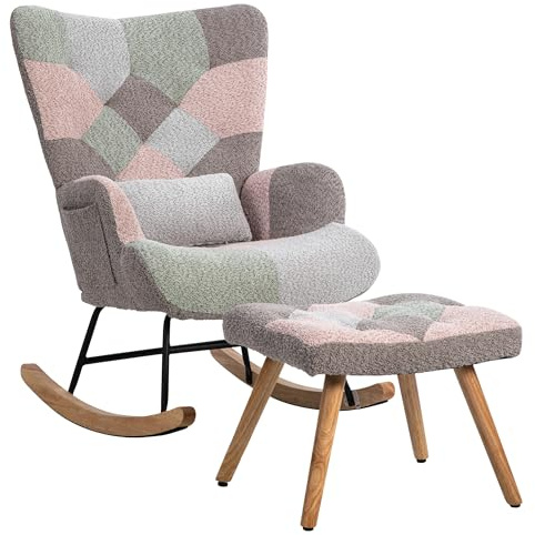 muenfly Schaukelstuhl mit Hocker Schaukelsessel Gepolstert Schwingsessel mit Lendenkissen, Patchwork Relaxsessel, hoher Rückenlehne Schwingstuhl für Wohnzimmer