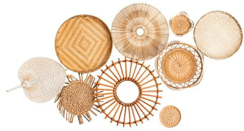 SCHNAMEE Boho-Wandkorb-Set 9-teilig – Handgefertigte Wanddeko aus Rattan, Bambus & Seegras – Wandkunst im Boho-Stil für Wohnzimmer, Schlafzimmer & Flur – Wanddekoration Rattan