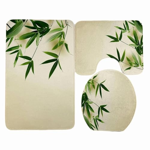 Tappeto Bagno Foglie Verde Beige Tappeti Bagno Set 3 Pezzi Antiscivolo Contorno WC Tappetino Assorbente Doccia Lavabile Copertura per Il Coperchio del WC 45x75 cm