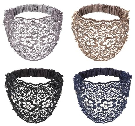 4 Stück Breites Spitzen-Stirnband,Vintage-Stirnbänder für Damen Boho breites Netz-Haarband Breite Headwrap für Frauen Yoga Training Laufen Pilates Tanz-Outfit-Styling