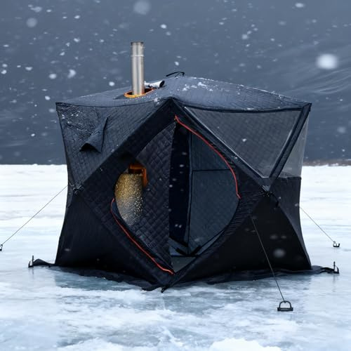 factildfulzhan Multifunctional Ice Fishing Tent with Stove Jack/Ice Fishing Mat, Sauna Tent 3-4 Person, Foldable Winter Camping Shelter, 2 Zipper Doors, 3 TPU Large Windows, Ice Fishing Shelter