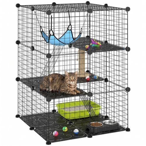 PawHut Gabbia per Gatto a 3 Livelli con Amaca, 70x70x105 cm Nero e Blu