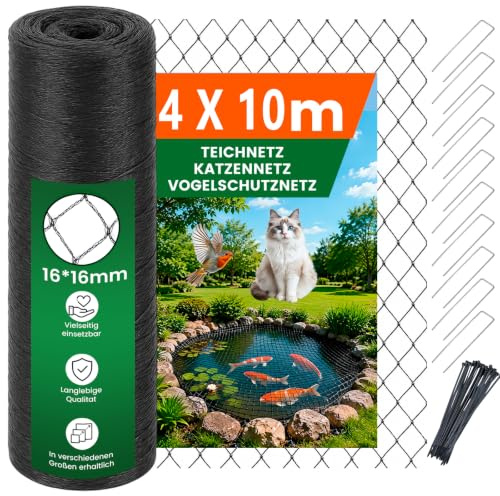 Teichnetz - 4x10m I Vogelschutznetz Katzennetz für Balkon, witterungs | UV-beständig I Teich Netz feinmaschig (16x16mm) I Netz zum Schutz von Teich, Balkon, Kirschbaum & Mehr (4 X 10m)