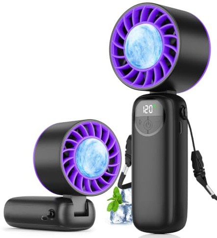 Handheld Portable Turbo Fan with Cooling Plate, Powerful 21000 RPM, 5000mAh Battery, Speed (1-120), Up to 22Hrs Cooling, 90°Foldable Rechargeable Mini Hand Held Fans for Travel/Outdoor/Home/Office