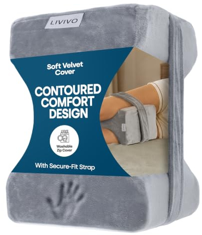 LIVIVO Knee Pillow for Side Sleepers, Knee Pillow for Sleeping on Side with Strap, Contoured Knee Cushion for Sleeping with Soft Velvel Cover, Leg Pillow Cushion for Bedtime and Resting (Grey)