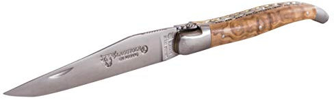 Laguiole en Aubrac Taschenmesser 12 cm, aufwendig graviert, Bi-Color Doppelplatine, Griffschalen Olivenholz, Klinge und Backen matt