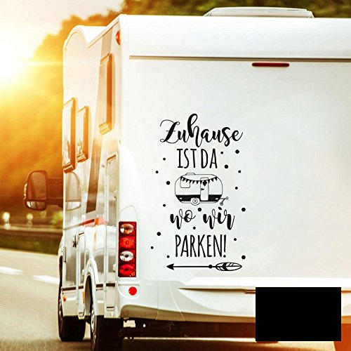 Autotattoo Wohnwagen Sticker mit Motto Spruch Zuhause ist wo wir parken Autosticker M2383 - ausgewählte Farbe: *schwarz* ausgewählte Größe: *S - 50cm hoch x 29cm breit* ilka parey wandtattoo-welt®