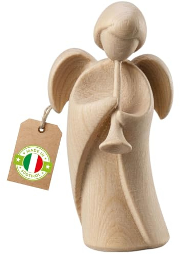 Schutzengel mit Trompete aus Zirbenholz 9cm - Handwerk aus Südtirol | Duftender Holzengel als Geschenk für Taufe & Weihnachten – Made in Italy