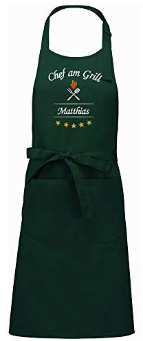 Direkt-Stick.de Grillschürze mit Namen bestickt, Schürze für Männer, PERSONALISIERBAR, Stickerei Chef am Grill, Latzschürze, Kochschürze 100% Baumwolle, Geschenk für Männer, Vatertag (flaschengrün)