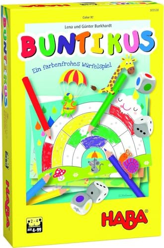 HABA 305538 - Buntikus, Mitbringspiel ab 4 Jahre für 2 – 4 Spieler, -Spieldauer 10 Minuten, Würfelspiel und Malspiel in einem, Geschenkidee zum Mitbringen, Spielen und Malen