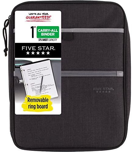 Five Star Zipper Binder, 1 Inch 3-Ring Binder with Round Rings, Carry-All with Pockets and 4-Tab Dividers, 375 Sheet Capacity, Black/Gray (29092IT8)