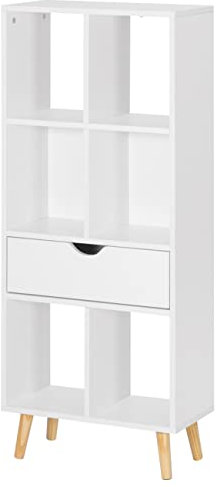 EUGAD Bücherregal Bücherschrank Raumteiler Aktenregal Aufbewahrungsregal Standregal mit Schublade mit Fußbeinen aus MDF, 6 Fächer, Weiß, 50x121x24cm