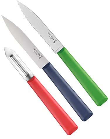 Opinel - Estuche Trio Los Esenciales +, 1 Cuchillo Serrado, 1 Cuchillo de Cocina, 1 Pelador - Hoja de Acero Inoxidable - Mango de Polímero Robusto - Apto para Lavavajillas