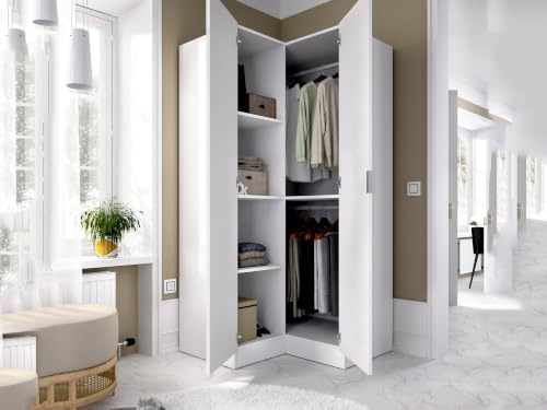 Dmora - Guardaroba 2 ante Elgon, Mobile angolare per camera da letto, Armadio appendiabiti ad angolo, 91x93h184 cm, Bianco