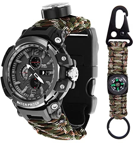 WLDOCA 50m wasserdichte Militäruhr Herren Outdoor Sportuhr LED Digital Armbanduhr Kompass Thermometer Quarzuhr mit Schlüsselanhänger