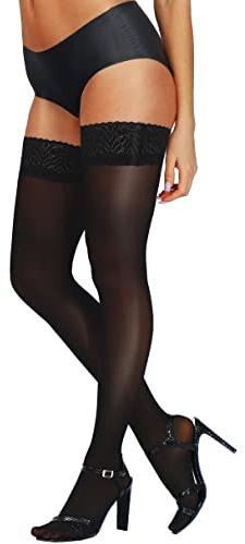 HONENNA Semi Sheer Stay Up Lingerie Thigh High Stockings Lace Top Size A-F, 1 Pair Black, E/F