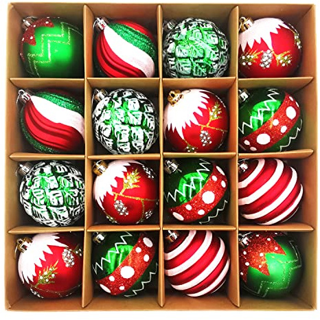SVNVIOZ Christmas Baubles, 16pcs 8cm Christmas Ball Ornaments Set, Delightful Elf Red Green and White Christmas Ball Ornaments, Shatterproof Xmas Balls for Christmas Tree Decoration